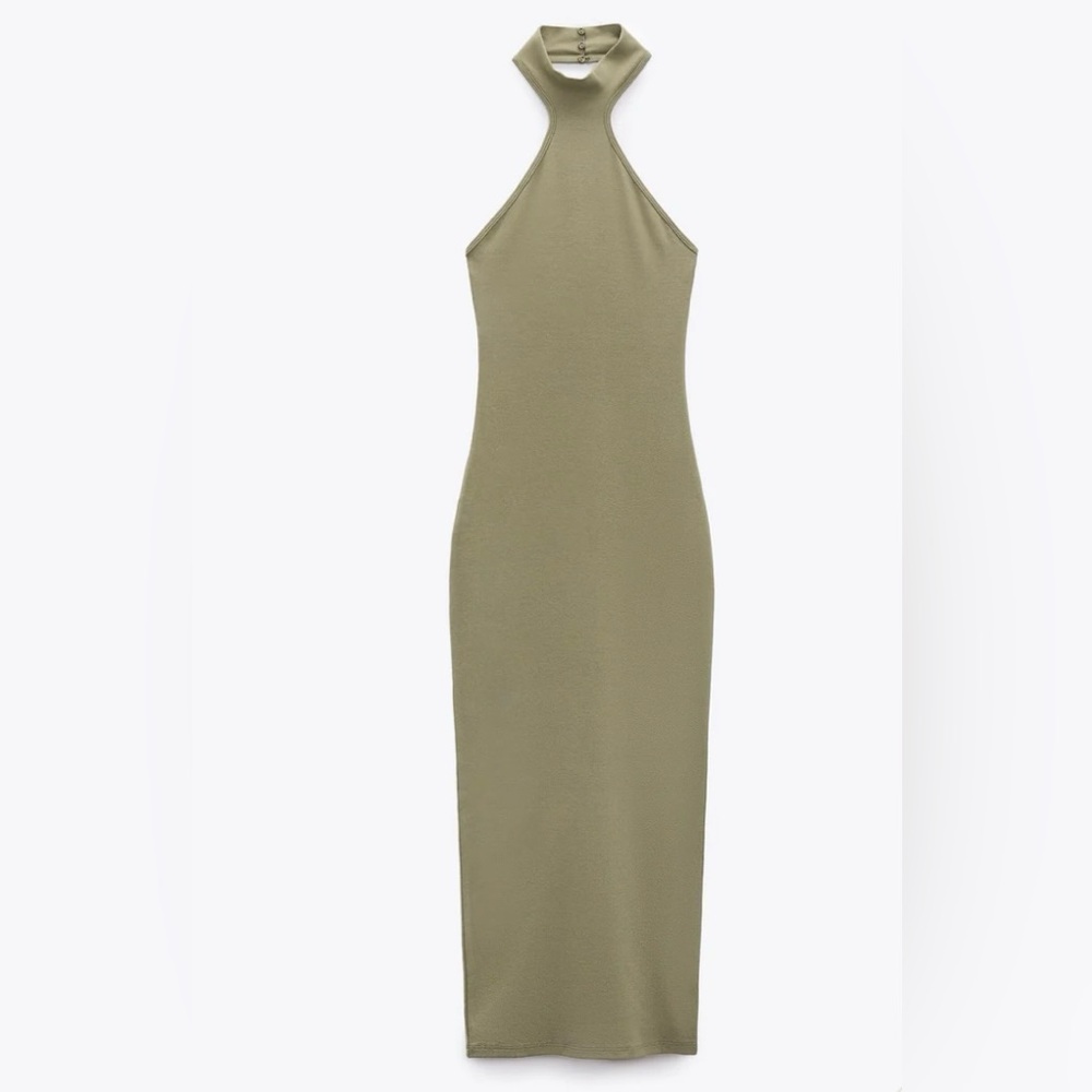 Zara Olive Green Halter Maxi Bodycon Dress